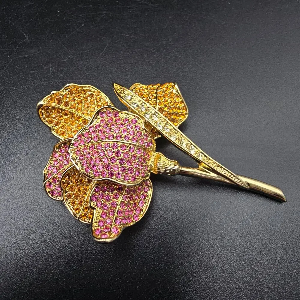 Orange Pink Rhinestone Flower Brooch Gold Tone Costume Jewelry